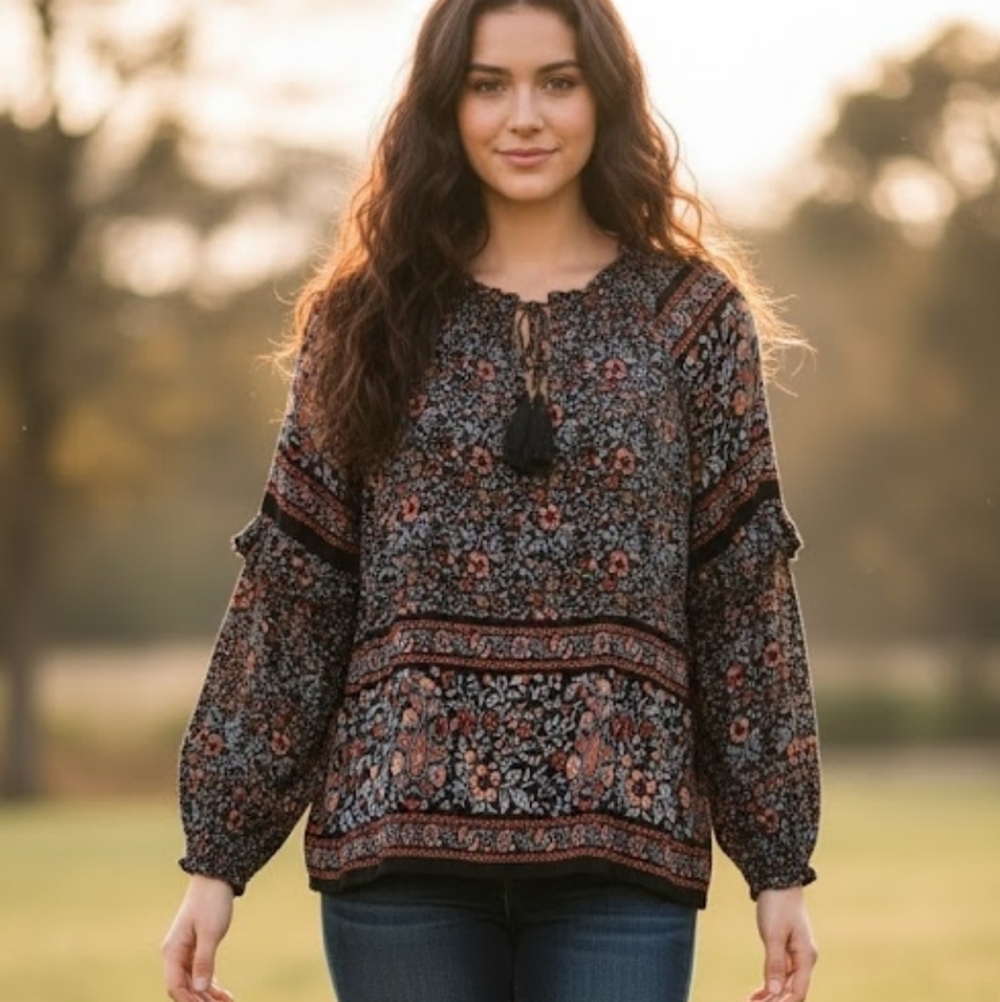 AEO Boho Floral Peasant Top M